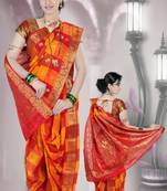 Red Orange woven cotton poly nauvari-saree