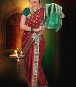 Maroon woven cotton poly nauvari-saree