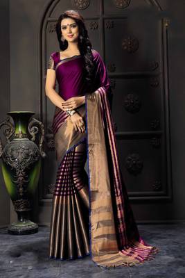 Purple printed cotton silk saree with blouse 1