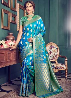 Sky blue woven kanchipuram silk saree with blouse 1