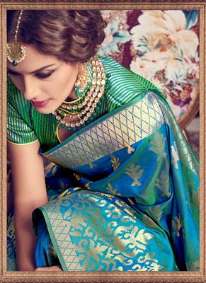 Sky blue woven kanchipuram silk saree with blouse 2