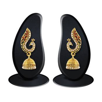 Peacock Design Pearl Gold Finish Meenakari Jhumki Style Dangle Earrings 1