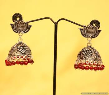 Silver Look Oxidised Red Stone Jhumka'S 1