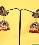 Silver Look Oxidised Red Stone Jhumka'S