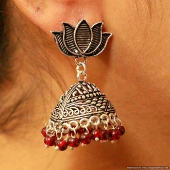 Silver Look Oxidised Red Stone Jhumka'S 2