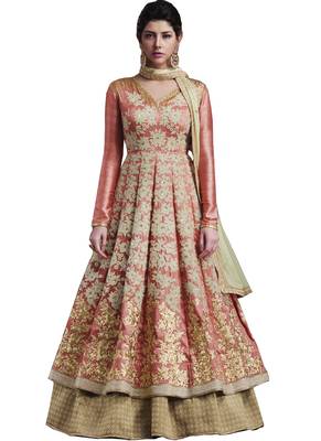 Peach Embroidered Banarasi Silk Semi Stitched Anarkali Suit 1