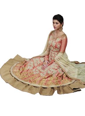 Peach Embroidered Banarasi Silk Semi Stitched Anarkali Suit 2