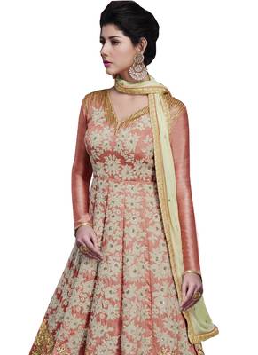 Peach Embroidered Banarasi Silk Semi Stitched Anarkali Suit 3