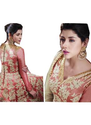 Peach Embroidered Banarasi Silk Semi Stitched Anarkali Suit 4