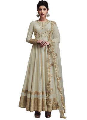 Off white embroidered art silk semi stitched salwar with dupatta 1