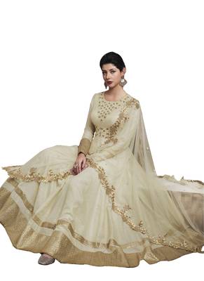 Off white embroidered art silk semi stitched salwar with dupatta 2