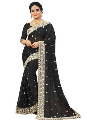 Black Georgette Embroidery  Half & Half Self Designer Saree 1