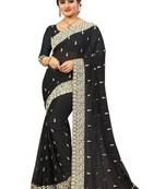 Black Georgette Embroidery  Half & Half Self Designer Saree