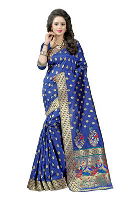 Navy blue woven paithani art silk saree with blouse 1