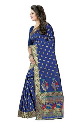 Navy blue woven paithani art silk saree with blouse 2