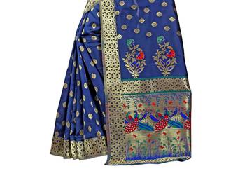Navy blue woven paithani art silk saree with blouse 4