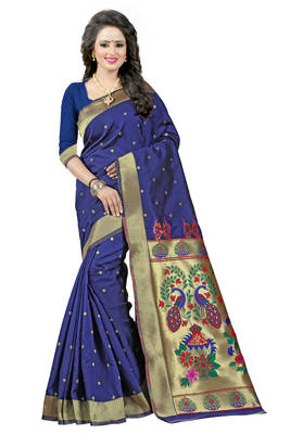 Navy blue woven paithani art silk saree with blouse 1