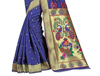 Navy blue woven paithani art silk saree with blouse 4