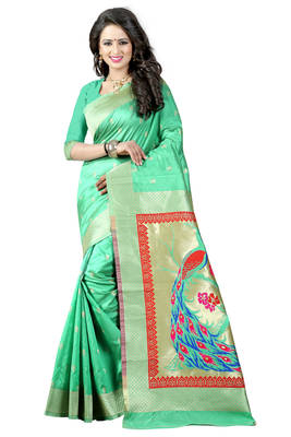 Sea green woven paithani art silk saree with blouse 1