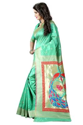 Sea green woven paithani art silk saree with blouse 2