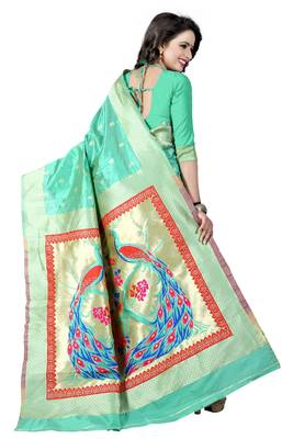 Sea green woven paithani art silk saree with blouse 3