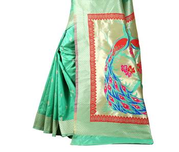 Sea green woven paithani art silk saree with blouse 4