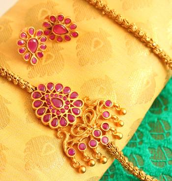 Gorgeous Matte Finish Ruby Mugappu Chain With Earrings 1
