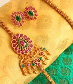 Gorgeous Matte Finish Ruby Emerald Mugappu Chain With Earrings   