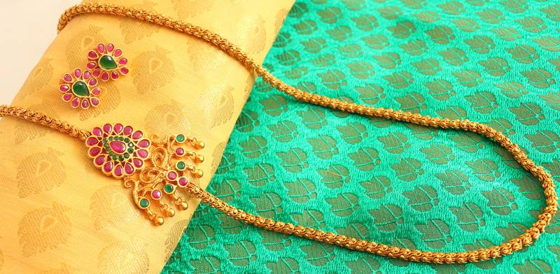 Gorgeous Matte Finish Ruby Emerald Mugappu Chain With Earrings   