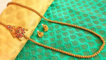 Gorgeous Matte Finish Ruby Emerald Mugappu Chain With Earrings 1