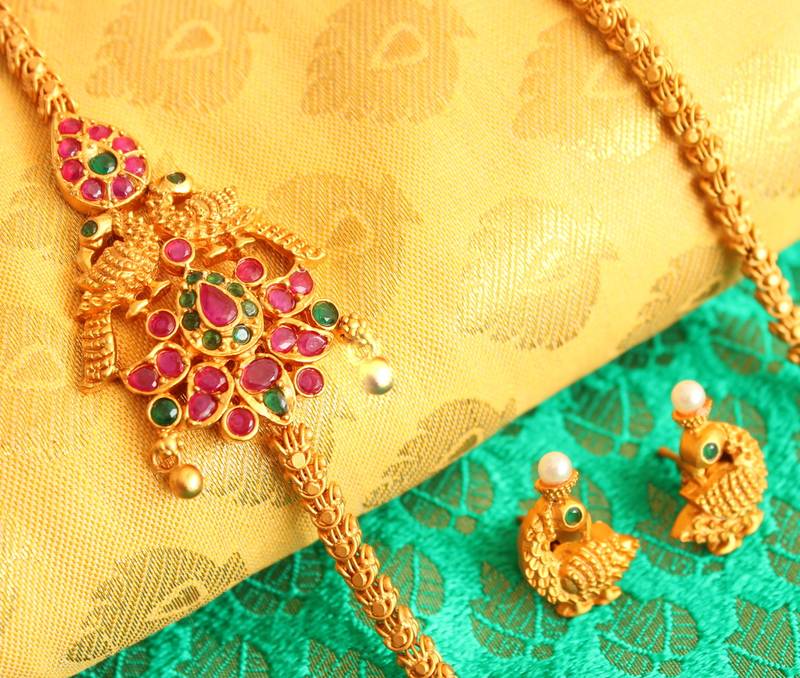 Gorgeous Matte Finish Ruby Emerald Mugappu Chain With Earrings