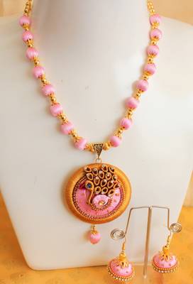 Unique Handmade Silk Thread Pink Peacock Necklace Set 1