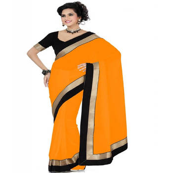 Orange plain georgette saree with blouse 1