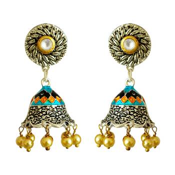 Meenakari Antique Pearl Silver Plated Tokri Jhumki Earring 1
