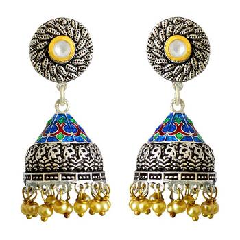 Meenakari Antique Pearl Silver Plated Tokri Jhumki Earring 1