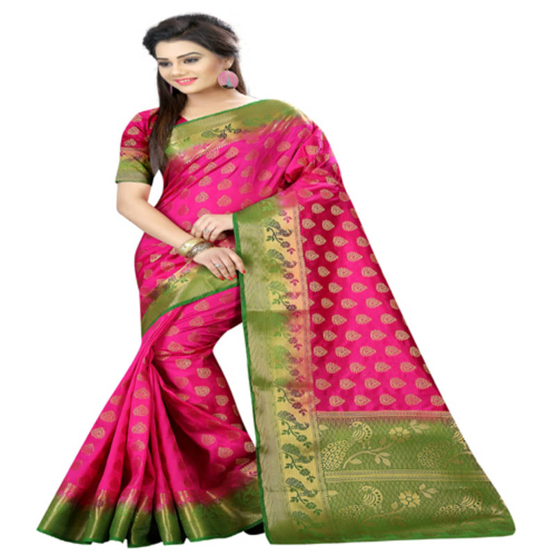 Rani pink printed nylon saree with blouse