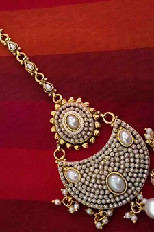Beautiful golden pearl polki mang tikka Indian ethnic copper hair jewelry AB45