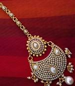 Beautiful golden pearl polki mang tikka Indian ethnic copper hair jewelry AB45