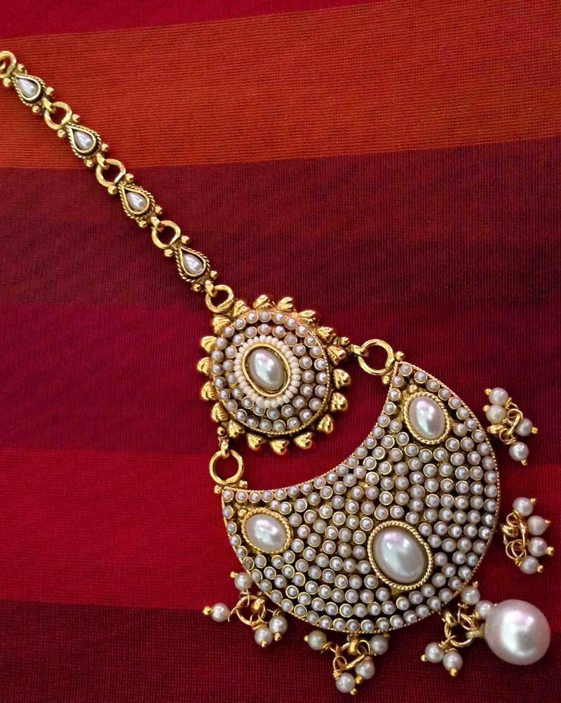 Beautiful golden pearl polki mang tikka Indian ethnic copper hair jewelry AB45