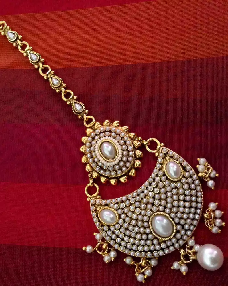 Beautiful golden pearl polki mang tikka Indian ethnic copper hair jewelry AB45