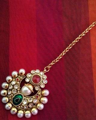 Maroon green pearl polki mang tikka Indian ethnic copper hair jewelry ADIVA AB50 1