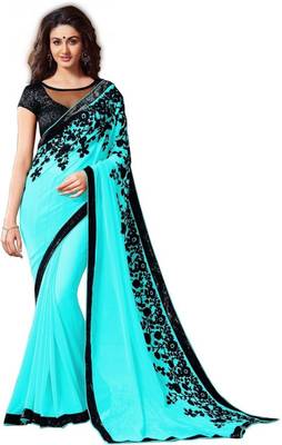Sky blue embroidered georgette saree with blouse 1