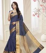 Blue plain cotton silk saree with blouse