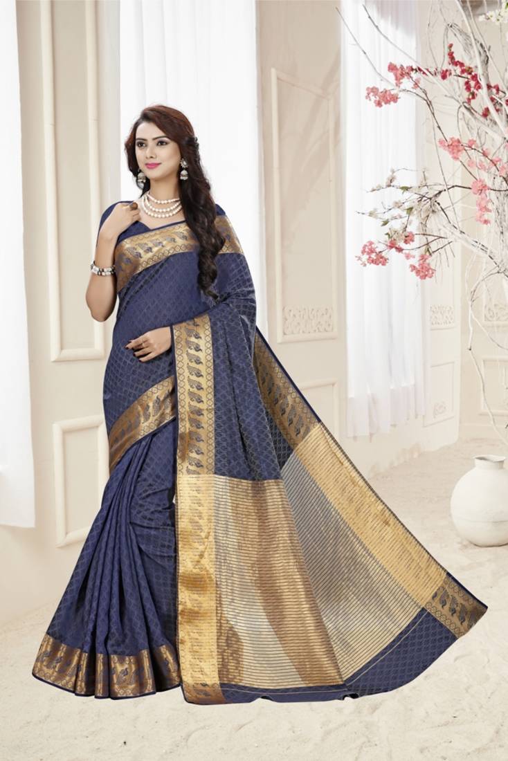 Blue plain cotton silk saree with blouse