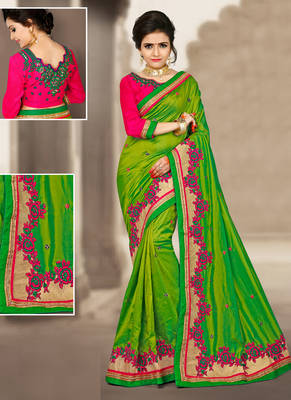 Parrot green hand woven silk saree with blouse 1