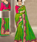 Parrot green hand woven silk saree with blouse