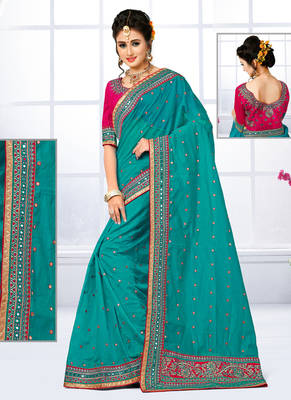 Teal hand woven chanderi silk saree with blouse 1