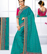 Teal hand woven chanderi silk saree with blouse