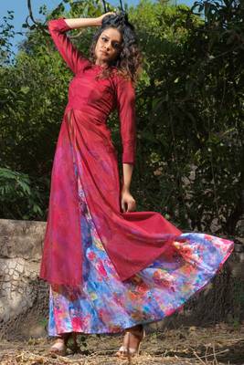 Maroon faux georgette art silk stitched kurti 1