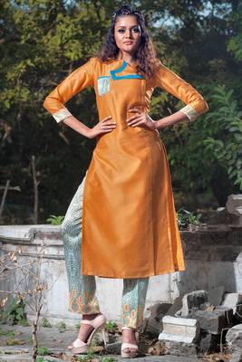 Mustard faux georgette art silk stitched kurti 1